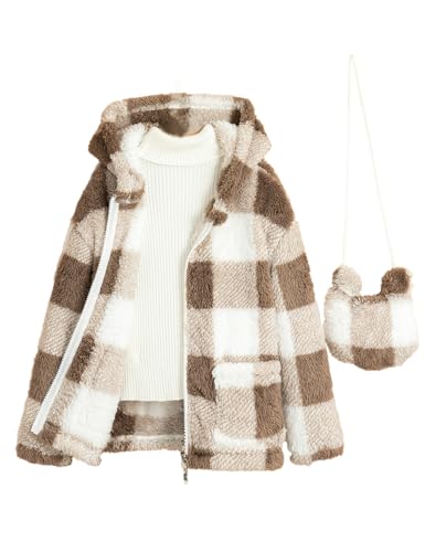 Girls' Plaid Fleece Jacket, Zip Up Hoodie with Plush Coat, Warm Winter Outwear