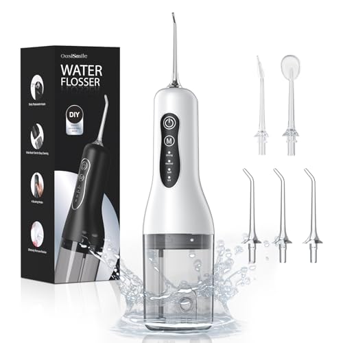 OasiSmile Irrigador Bucal Portatil Flosser, 4 Modos y 5 Boquillas, 260ML Irrigador Dental Eléctrico para la Limpieza Bucal, IPX7 Impermeable Limpiador Interdental para Casa y de Viaje, Blanco