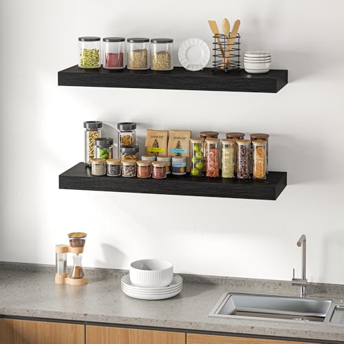 Image of Dreamland 40 inch Floating Shelves for Wall, 12 inch Deep Thicker Black Floating Shelves, Wall-Mounted Shelves for Bedroom, Living Room, Kitchen, Bathroom - Set of 2