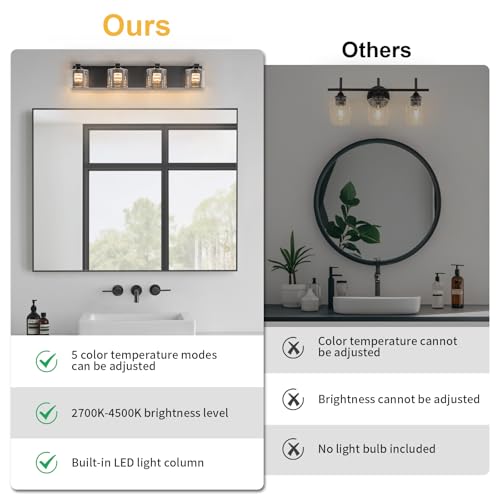 Image of foucasal LED Bathroom Vanity Lights, 5CCT Dimmable 2700K-4500K Vanity Light Fixtures Over Mirror, Modern Vanity Lighting for Bathroom Restroom Hallway Living Room (Black, 4-Light)