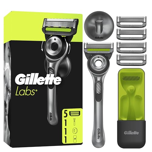 Gillette Labs Rasoir Manuel Homme, Rasage Avec Barre Exfoliante, Manche Réutilisable Et 5 Cartouches De Recharge A 5 Lames, Etui De Voyage Pour Un Rangement Pratique,...