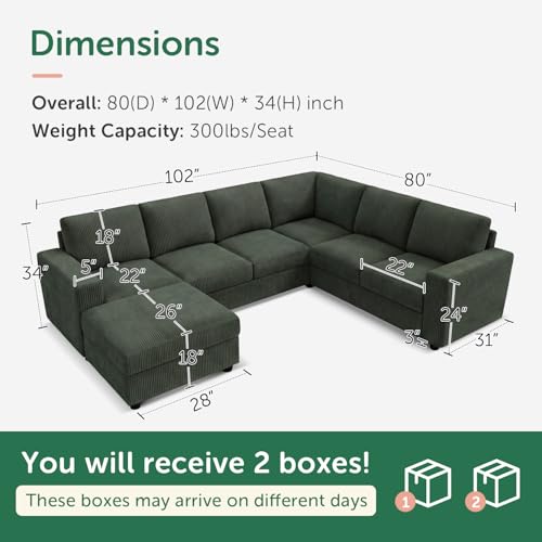 Image of HONBAY Corduroy Sectional Sofa with Storage, U Shape Sectional Sofa with Chaise, Sectional Couches for Living Room, Green