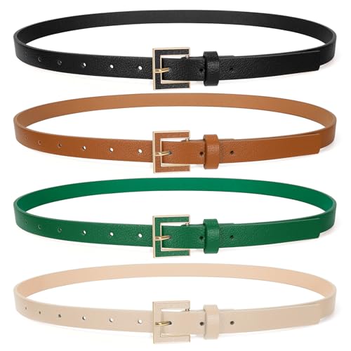 SUOSDEY 4 Pack Women Skinny Belts for Jeans Dress Ladies Thin Waist Belt with Gold Square Buckle 0.7