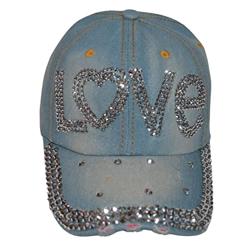 Popfizzy Bling Love Cap For Women, Rhinestone Love Hat, Bedazzled Baseball Caps, Fancy Bejeweled Hats, Distressed Denim Hat, Bling Gift For Women #TOP1