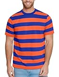Zengjo Striped Shirt Mens Wide Stripe Tshirt Short Sleeve Crewneck(Orange Blue,XL)