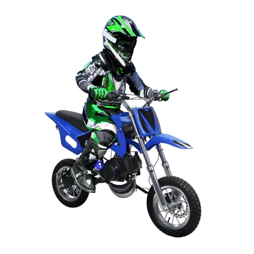 Image of Kids Dirt Bike, 50cc / Gas Powered Dirt Bike for Kids 8-14, 2-Stroke Mini Dirt Bike, Pull Start Off-Road Motorcycle, 10-Inch Tires, Disc Brakes, 25 MPH, 330 lb Max Load (Bright Blue)