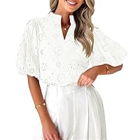 ZESICA Women's Summer Short Puff Sleeve Shirts 2025 V Neck Casual Hollow Out Lace Embroidered Blouse Tops,White,Medium