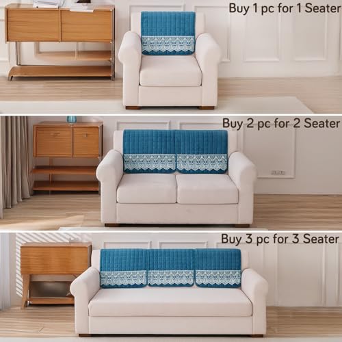 Image of HOKIPO 'BelleLace Series' Imperial Milk Velvet Sofa Backrest Mat Cover with Lace | Anti-Slip | 1 Pc - Celdaon Blue (AR-6311-BL)