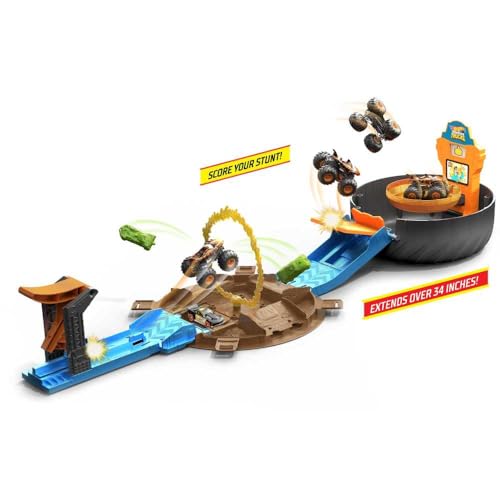 Image of Hot Wheels Monster Trucks Stunt Tire Bundle, Ages 4+ | 35 in stunt track, slam launcher, 3 monster trucks + 3 cars, folds with handle, no batteries, Ages 4+ (Amazon Exclusive)