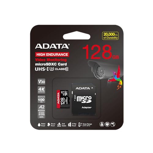 Image of ADATA High Endurance 128GB microSDXC UHS-I Memory Card with Adapter, V30, A2, U3, Class 10, Up to 100MB /s Read & 85MB /s Write, 4K Ultra HD Recording for Dashcams, CCTV, Action Cameras, Drones, Phones