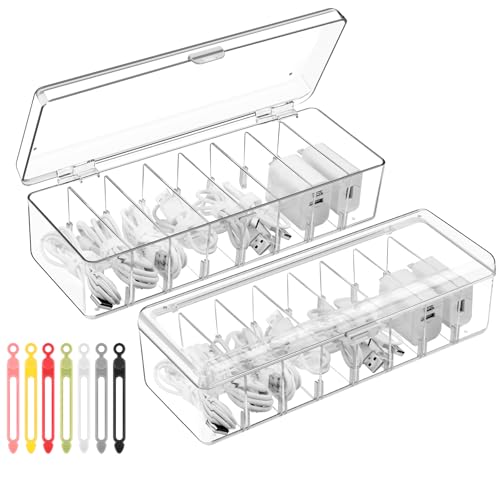 Muyohix 2 organizadores de cables, caja porta cuerda transparente con tapa, caja para el almacenamiento de cables con 7 bridas para oficina, casa, accesorios de escritorio