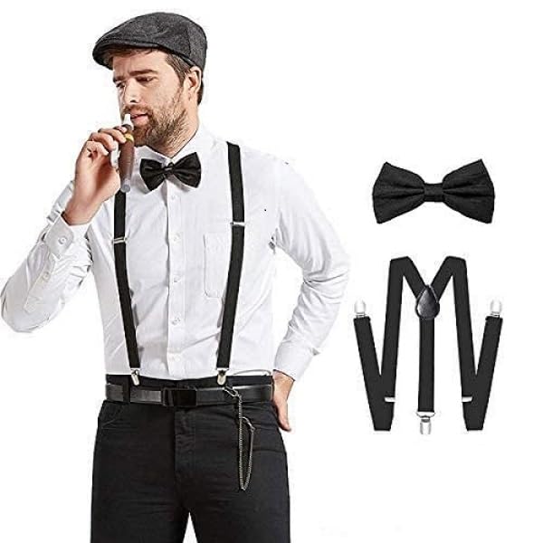 SHYAM EXPORTPack Of 2 Solid Color Suspender with Bow Tie Set for Men Women Boys Adults Clip On Y Shape/Y Back Style Adjustable Braces (Black)(1xSuspender+1xBow Tie)