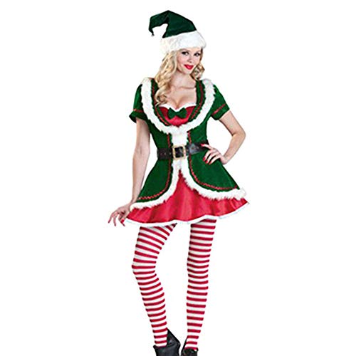 Keyohome Christmas Elf Costume, Adults Women Green Christmas Santas Lovely Dress Suit Festive Funny Outfit for Christmas Cosplay Party (M, Green for women)
