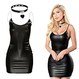 Minikleid Damen Lackleder Schwarz Elastisches Bodycon Trägerkleid Sexy U-Ausschnitt Rückenfrei Party Nachtclub Outfit 68cm mit Herz Anhänger Choker