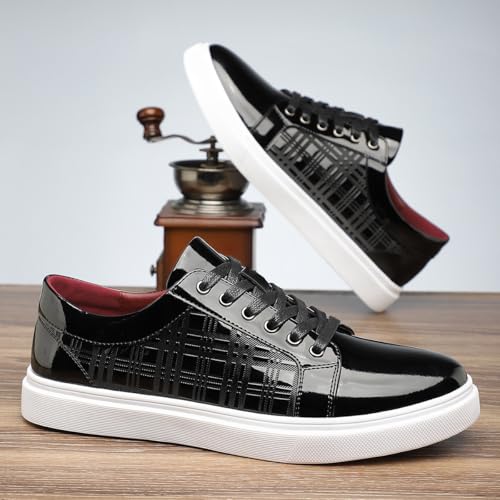 Santimon Men's Patent Leather Sneakers Lace-Up Geometric Design Flat Casual Shoes2