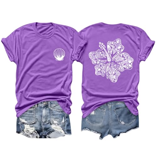 Image of Hawaiian T Shirts for Women Oversized Aesthetic Hibiscus Flower Beach Shirt Teens Preppy Tropical Graphic Tee Tops