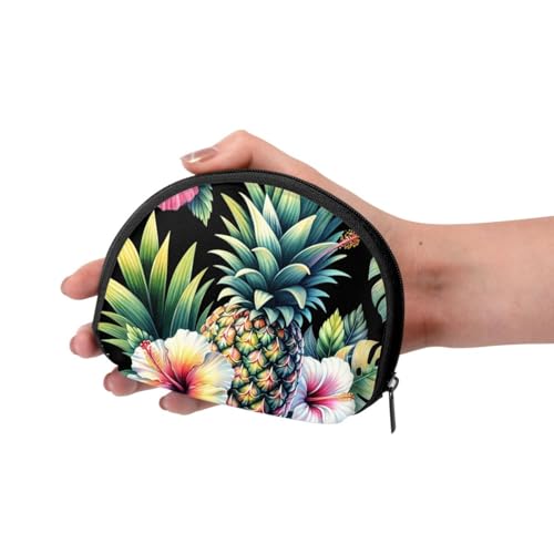 Portable Coin Purse Watercolor-Pineapple-Hibiscus Mini Zippered Money Pouch Card Holder3