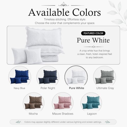 Image of HZ & HY Oversized King Bedspread, Stitched Damask Quilt Set King /Cal King, Lightweight Reversible Coverlet, Scalloped Edge - Clean Classic Look, 5 Piece, Pure White