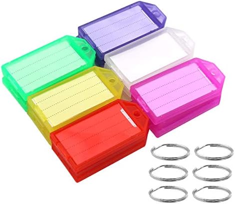 Coideal 60 Pack Tough Plastic Key Tags with Flap Label Window and Strong Split Ring Colored Identifier ID Keychain Tag for Luggage, 6 Assorted Colors