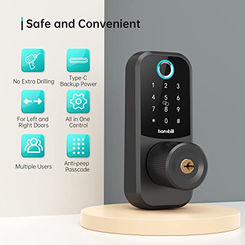 Hornbill Keyless Entry Door Lock: Front Door Lock, Fingerprint Keypad Smart Door Knob, Biometric Digital Electronic Door Lock With App, Passcodes, Ic Cards, Smart Lock For Home Office, Matte Black #TOP1
