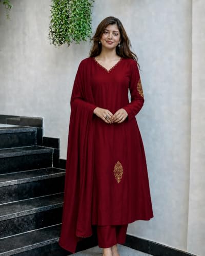 Image of ANNI Designer Kurta Set for Women Viscose Embroidered | A-Line Kurta Pant Dupatta Set for Woman | Long Sleeve V-Neck Stylish Ethnic 3 Piece Outfit Trendy Women Clothing