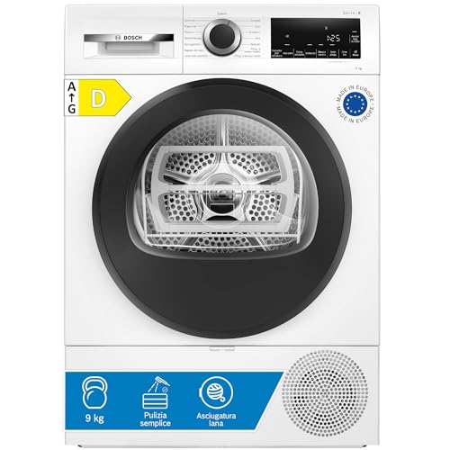 Bosch WQG24200IT Serie 6 Asciugatrice smart a pompa di calore, 9 kg, Classe energetica D, Sensori di asciugatura intelligenti, Filtro semplica da pulire, Cestello per capi in lana, Bianco, 60 Cm