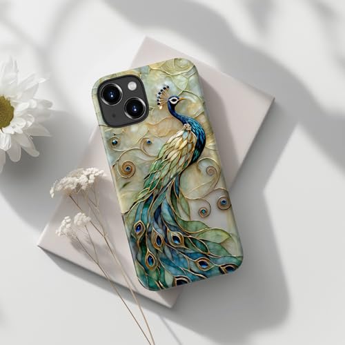 Image of Goodon for iPhone 15 Plus Case Cute - Wireless Charging Compatible - Dual-Layer Hard Shell + Silicone Cover - Protective Phone Case with Trendy Designs for Women - Peacock and Flower