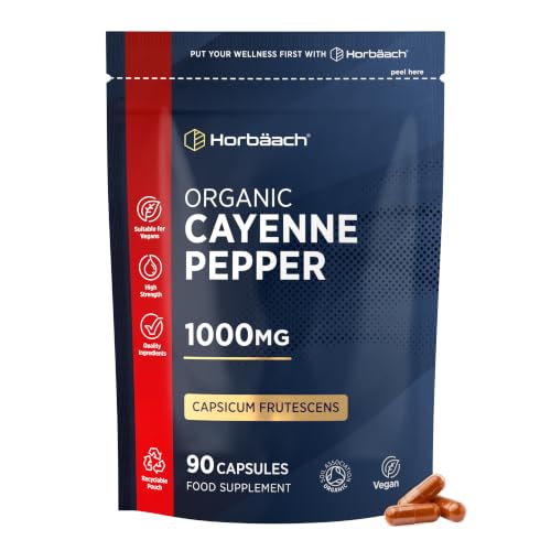 Organic Cayenne Pepper 1000mg | 90 Capsules | Capsicum Frutescens Powder | Suitable for Vegans & Vegetarians | by Horbaach