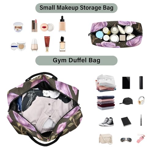 Rose Travel Gym Bag, Flower Rose Purple Tile Pattern Weekender Overnight Duffle for Women with Toiletry Bag Travel Swim4