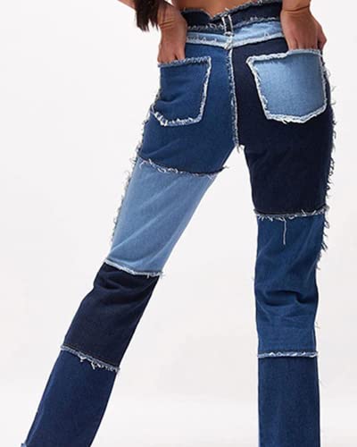 RINTONIX Womens High Waist Colored Patchwork Straight Leg Denim Jeans Pants Frayed Raw Hem Pencil Denim Pants3