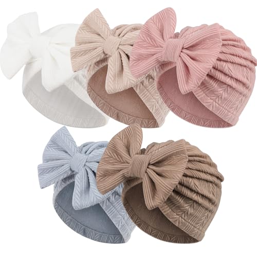 Image of AQOKKA Newborn Baby Girl Hats with Bow Toddler Infant Beanie Cap Newborn Hospital Hats for Baby Girl Kid 3-12 Months