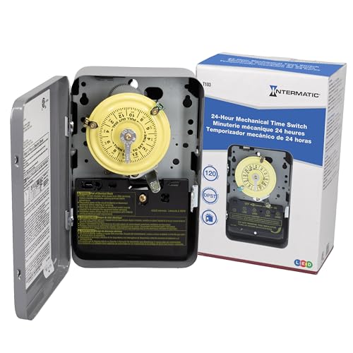 Image of Intermatic T103 24-Hour Mechanical Timer Switch - 120V DPST, Indoor Metal Enclosure, Heavy-Duty Programmable Time Switch - 40A Load Control for Pumps, Lighting, HVAC, and Fans