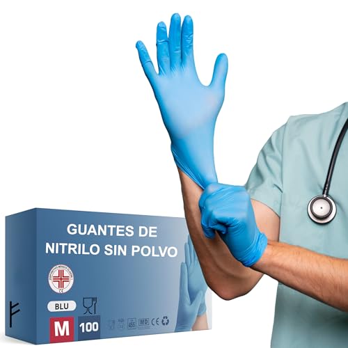 S&S Medical 100 guantes de nitrilo desechables resistentes sin polvo dispositivo médico hipoalergénicos sin látex | Médicos chef, esteticistas, tatuadores, uso alimentario | Varios tamaños (Azul, M)