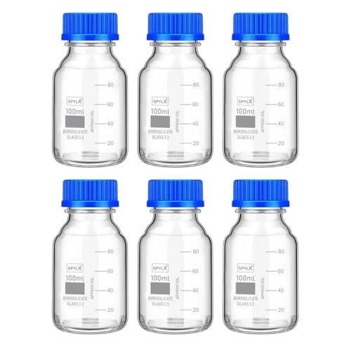 Image of Borosilicate Glass reagent bottle 100ml with leak proof Blue Screw Cap pack of 6 for glassware wide mouth chemical bottles for lab, laboratory, kitchen and professional use