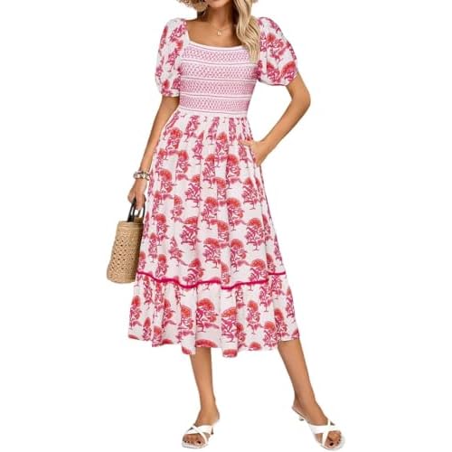 Damen Smocked Mieder Floral Midi Kleid Quadratischer Ausschnitt Kurze Puffärmel A-Linie Kleid mit Taschen Casual Sommer Strand Sonnenkleid