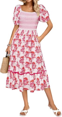 Damen Smocked Mieder Floral Midi Kleid Quadratischer Ausschnitt Kurze Puffärmel A-Linie Kleid mit Taschen Casual Sommer Strand Sonnenkleid