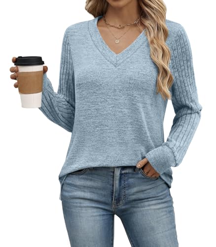 WIHOLL Sweaters for Women V Neck Long Sleeve Tunic Tops Sleeve Patchwork Shirts Loose Fit Sweaters Fall Winter Clothes S-3XL - Image 5
