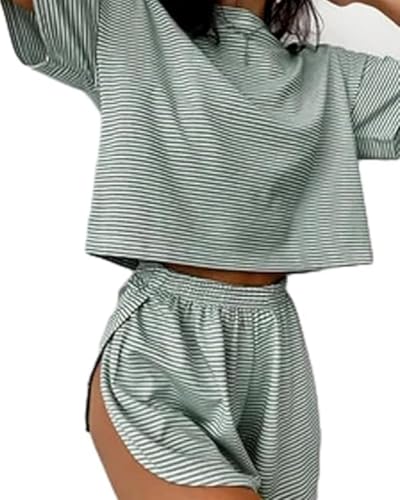 Générique Split Short Pajama Set,Womens Striped Sleepwear Set,Two Piece Set Crew Neck Short Sleeve Tee and Side Split Shorts Générique Split Short Pajama Set,Womens Striped Sleepwear Set,Two Piece Set Crew Neck Short Sleeve Tee and Side Split Shorts