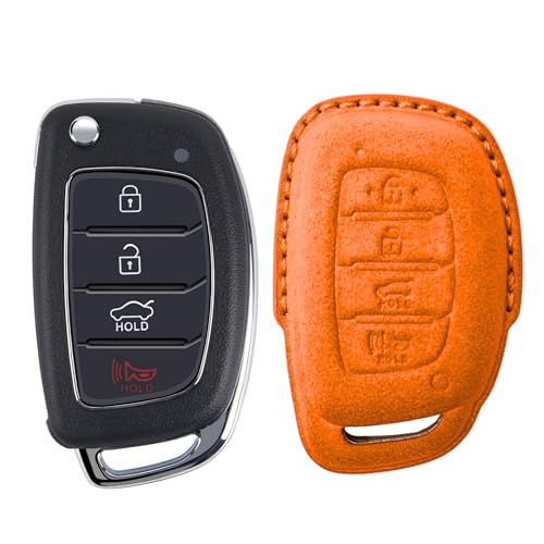 Image of KMH Alcantara Car Key Cover Compatible with Hyundai Alcazar Creta 2022 Venue i20 Tucson Elantra Smart keycover with Keychain 4 Button Shell Case Key Protector Smart Keycover (D2) Orange - Pack of 1