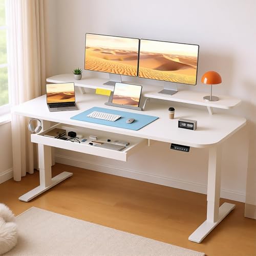 Image of COMHOMA Electric Standing Desk with Drawers, 55 x 24 Inch Sit Stand up Desk with Monitor Stand, Laptop Stand, Height Adjustable Ergonomic Home Office Computer Desks with Memory Preset Controller