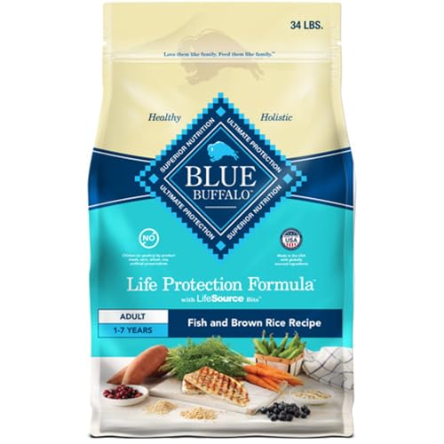 Blue Buffalo Life Protection Formula Adult Dry Dog Food, Helps Build and Maintain Strong Muscles, Made with Natural Ingredients, Fish & Brown Rice Recipe, 34-lb. Bag