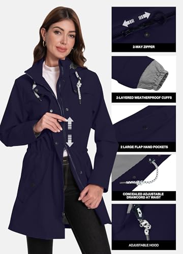 ATLASLAVA Regenjacke Damen Lang Wasserdicht Kapuze Regenmantel übergangsjacke Trenchcoat Outdoor Mantel Navy Blau M