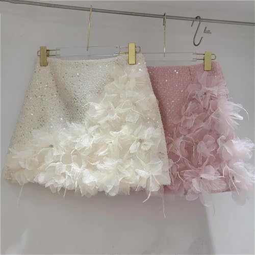 Women's High Waist Tweed A Line Mini Skirt Slim Fit Sequin Applique Decoration Elegant Korean Fashion Skirt3