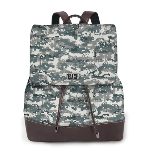 Green Pixel Camo Microfiber PU Leather Backpack Lightweight Daypack Bag for Travel Business Commute Gym