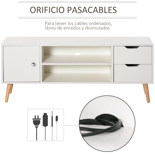 Miniatura 4 de Homcom Mueble De Tv Para Televisiones De 50 Mesa De Salón Moderno Con Puerta 2 Estantes Abiertos Y 2 Cajones Carga 30 Kg Para Dormitorio Sala 120x28x44 Cm Blanco