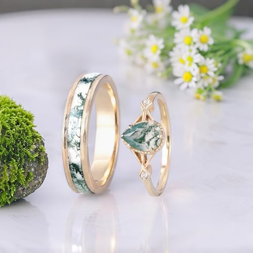 SISGEM Natural Moss Agate Promise Rings for Couples, 925 Sterling Silver/10K 14K 18K Solid Gold Moss Agate Wedding Rings for Him And Her, Vintage Leaf Matching Couple Rings Anniversary Jewelry Gift2