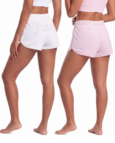 Juicy Couture Pacote com 2 shorts femininos Sleep and Lounge Veludo Veludo Golfinho, Branco/coroa Lola, P