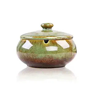 Lependor Ceramic Ashtray with Lids, Windproof, Cigarette Ashtray for Indoor or Outdoor Use Ash Holder for Smokers,Desktop Smoking Ash Tray for Home Office Decoration - Green