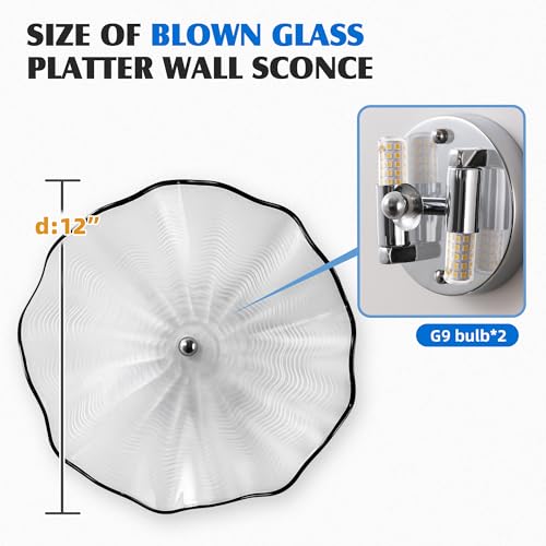 Image of White Glass Wall Light Dia 12 inch Wall Lamp with Murano Glass Shade Vintage Vanity Lighting Fixture with Metal Base Flush Mount Wall Sconce 2-Light for Bathroom, Bedroom, Bedside, Entryway