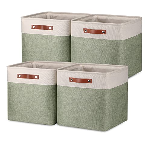Image of Temary Cube Storage Baskets for Shelves 4pack Fabric Storage Basket for Organizing Clothes, 13 Inch Storage Cubes with Leather Handles, Closet Baskets (White&Green)